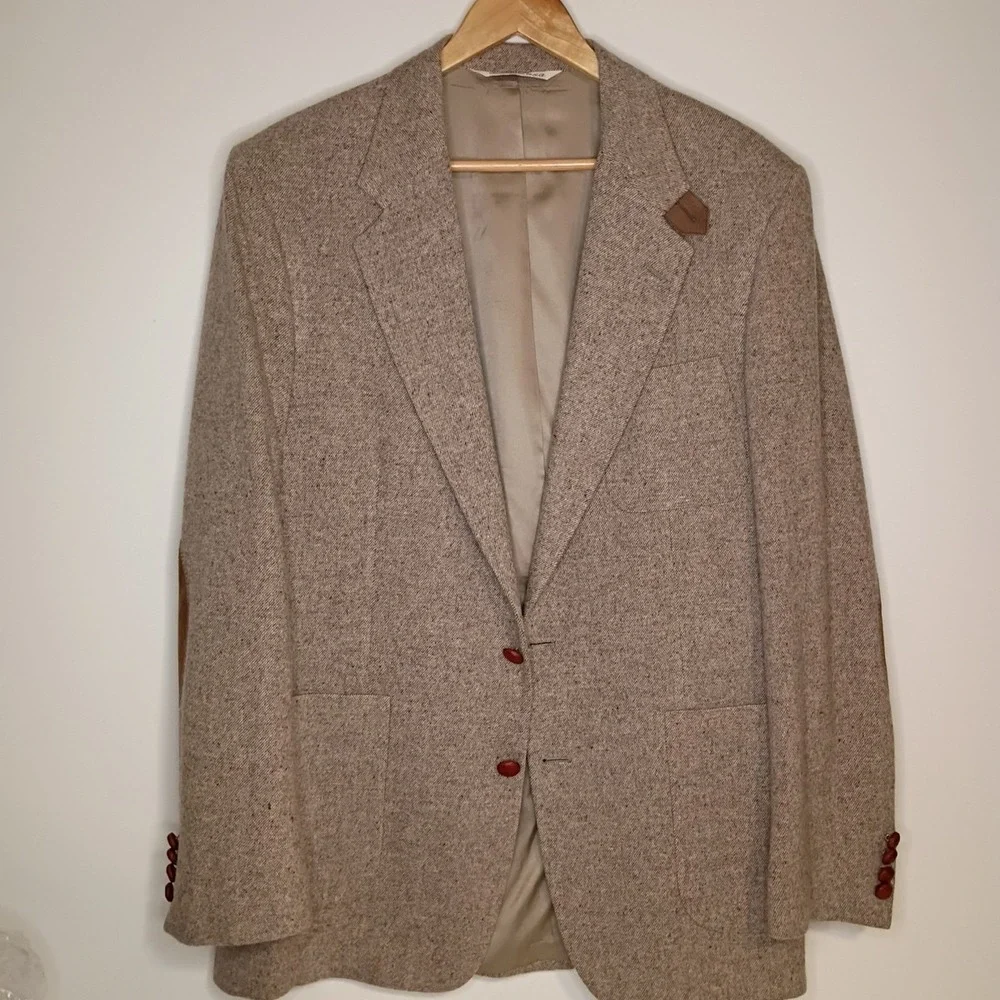 Stafford Tweed Blazer Mens 44L Tan Wool Elbow Patch Heritage Sport Coat Vintage